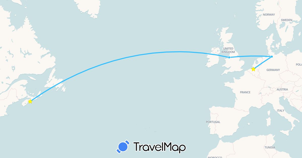 TravelMap itinerary: driving, boat in Belgium, Canada, Germany, United Kingdom (Europe, North America)