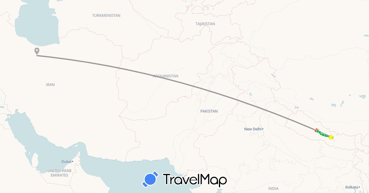 TravelMap itinerary: driving, bus, plane, hiking in Iran, Nepal (Asia)