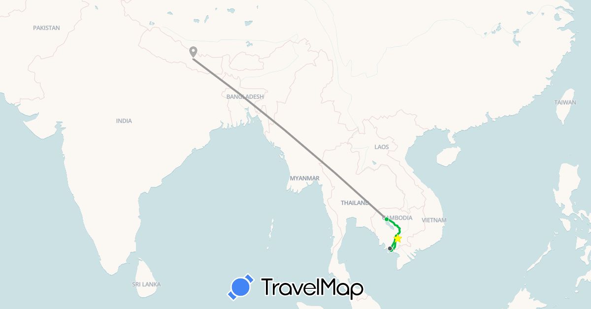 TravelMap itinerary: driving, bus, plane, motorbike in Cambodia, Nepal (Asia)