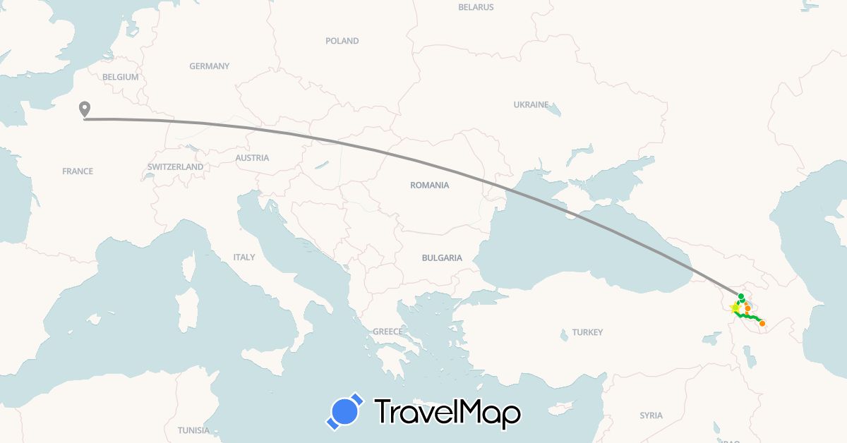 TravelMap itinerary: driving, bus, plane, hitchhiking in France (Europe)