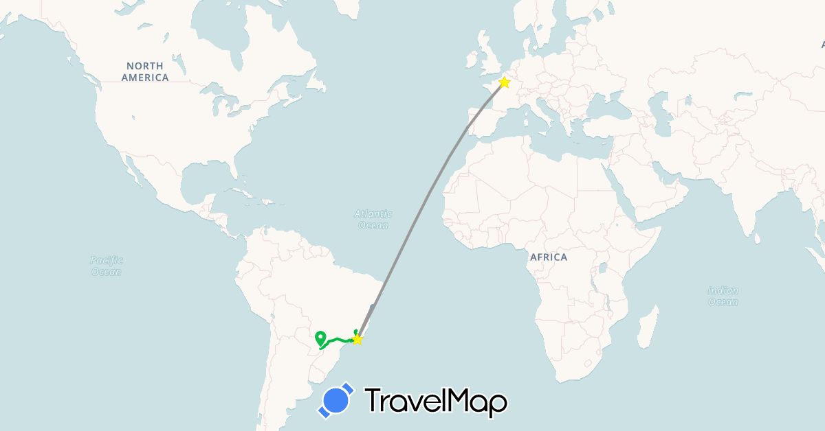 TravelMap itinerary: driving, bus, plane, boat in Brazil, France, Portugal (Europe, South America)