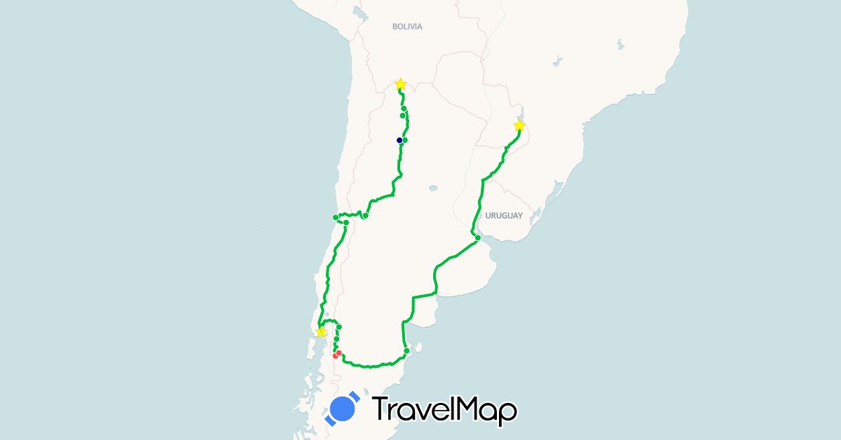 TravelMap itinerary: driving, bus, hiking in Argentina (South America)