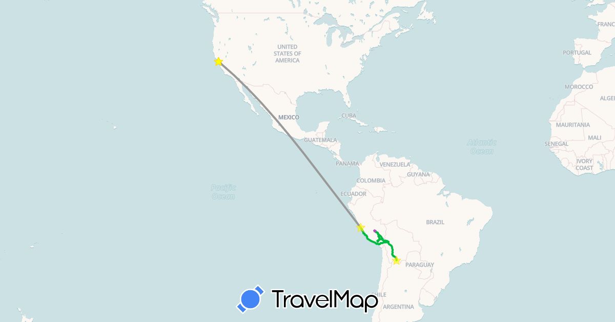 TravelMap itinerary: driving, bus, plane, train in Bolivia, Peru, United States (North America, South America)
