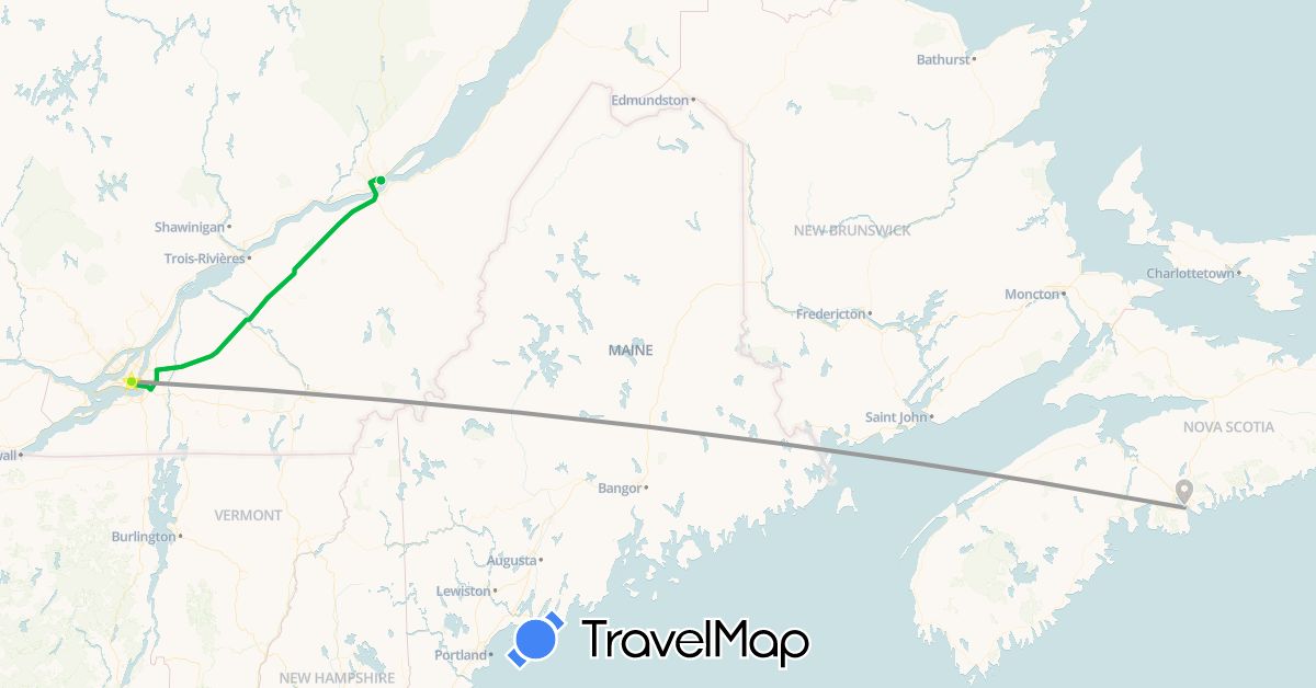 TravelMap itinerary: driving, bus, plane in Canada (North America)